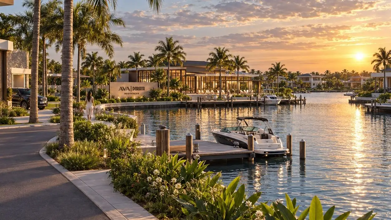 Imagem conceitual de canais, barcos e residências na apresentação do AVA Residences.