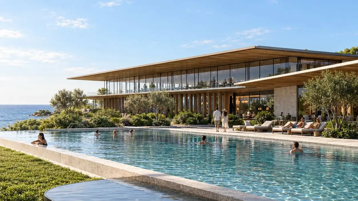 Imagem conceitual de piscina e clube na apresentação do AVA Residences.
