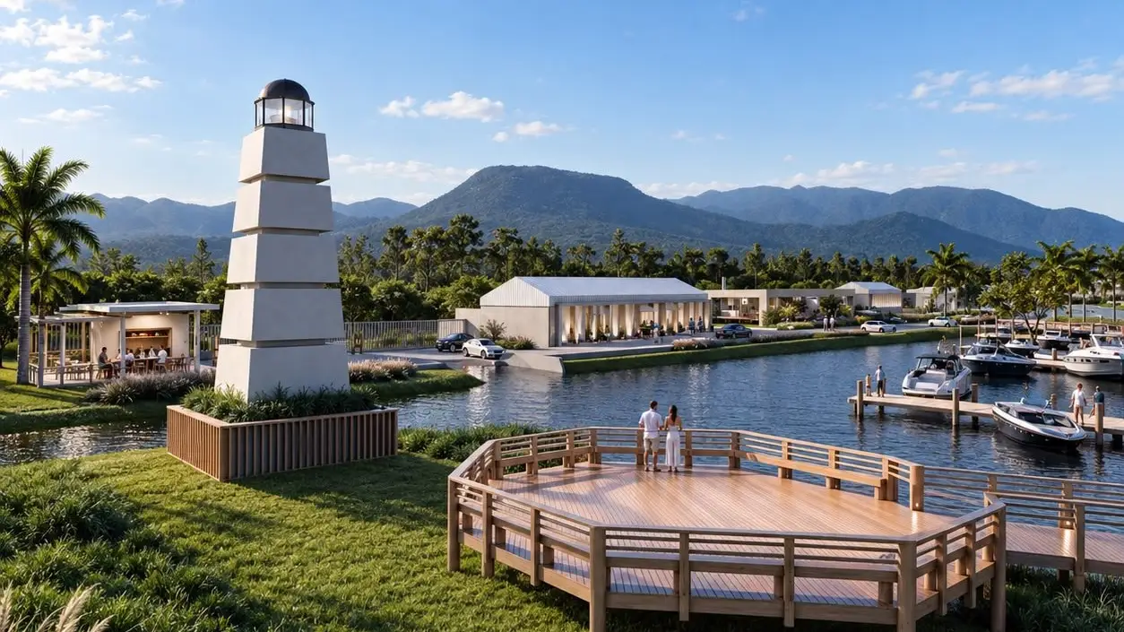 Imagem conceitual de marina, deck e paisagismo na apresentação do Lá Marina.